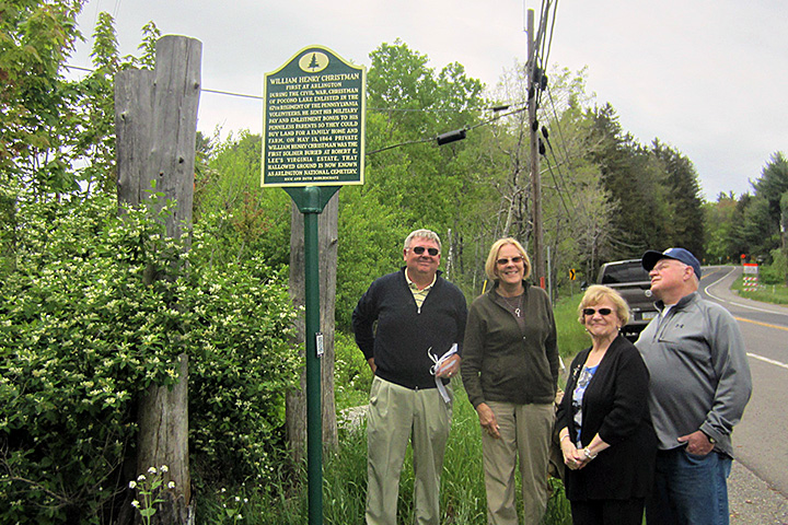 Barbara Christman Page, the great-grandniece of William Henry Christman, was present for the dedication of his historical marker on May 21, 2017. From left are Rick and Ruth Bodenschatz, who sponsored the marker, Barbara Christman Page, and her husband, Don Page.