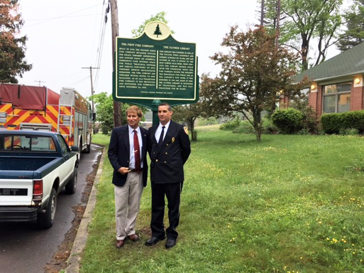 State Rep. Jack Rader, left, and Fire Chief Troy Counterman after the dedication of the marker.