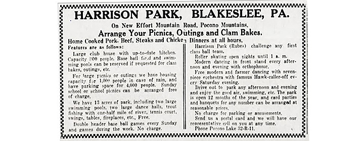 An advertisement promoting the park as a place for picnics, outings and clam bakes.