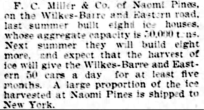 Item in the March 29, 1898, Scranton Republican about Naomi Lake Ice Houses being built.