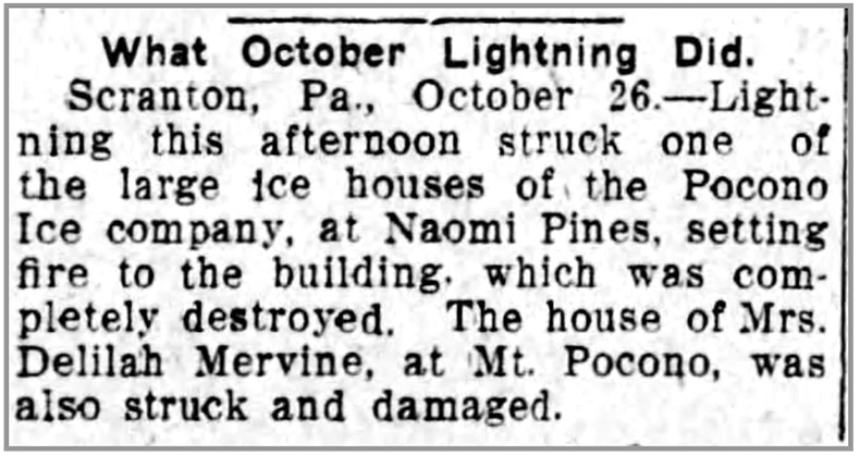 Naomi Lake Ice Houses burn, Altoona Tribune, Oct. 27, 1908