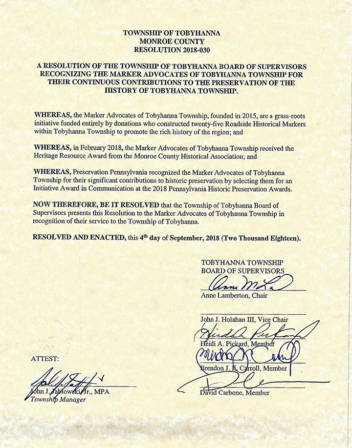 Tobyhanna Township’s Resolution 2018-030, recognizing the Marker Advocates of Tobyhanna Township.