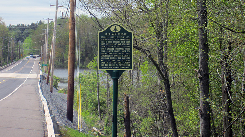 The modern Sullivan Bridge on Route 940 over Tobyhanna Creek (Pocono Lake), where Gen. John Sullivan’s Revolutionary War troops built the original bridge named for their general.